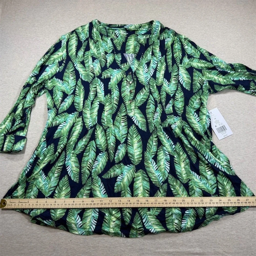 NWT Kim Rogers Tunic Blouse Womens Plus 1X Green Tropical Leaf 3/4 Sleeve - Picture 8 of 10